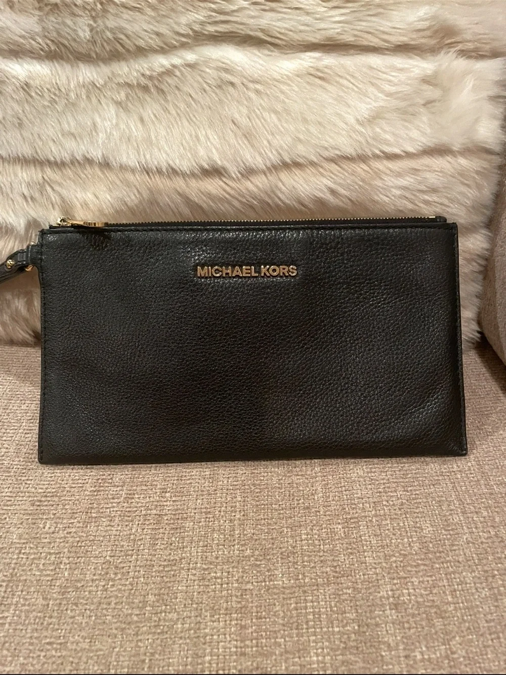 Michael Kors Black Leather Wristlet with Gold Logo